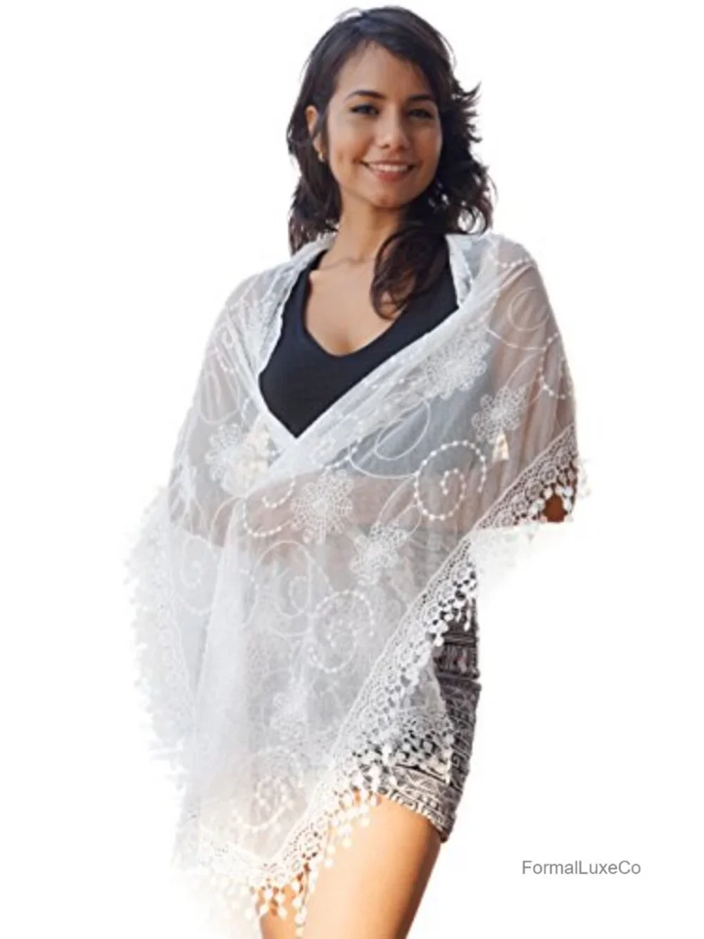 Lightweight Lace Teardrop Fringe Mesh Crochet Tassel Scarf Shawl